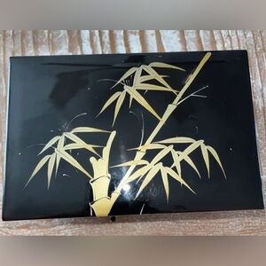 Vtg BLACK LACQUERWARE Music/Jewelry Box w/Bamboo Tree Designs Wind Up Japan